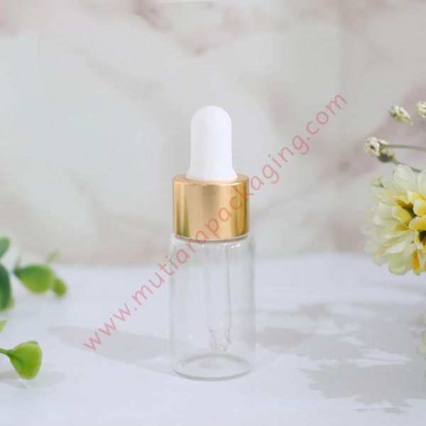 botol pipet kaca bening 10ml ring gold tutup putih